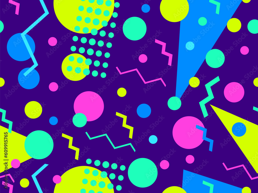 Memphis seamless pattern with geometric shapes in 80s style. Multicolored geometric shapes. Design of promotional products, wrapping paper, covers and printing. Vector illustration