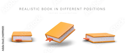 Set of closed 3D books with bookmark. Collection of realistic isolated icons with shadows. Book from different sides. Vector color illustration. Educational concept, symbol of knowledge