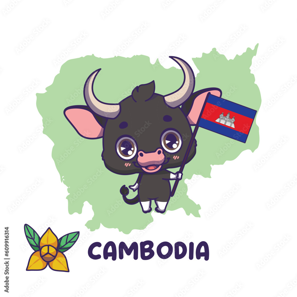 Fototapeta premium National animal kouprey holding the flag of Cambodia. National flower romduol displayed on bottom left