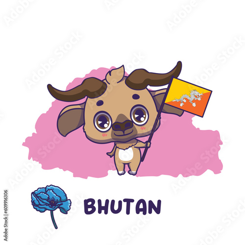 National animal takin holding the flag of Bhutan. National flower blue poppy displayed on bottom left