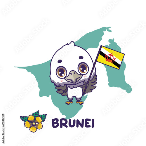 National animal white bellied sea eagle holding the flag of Brunei. National flower simpor displayed on bottom left photo