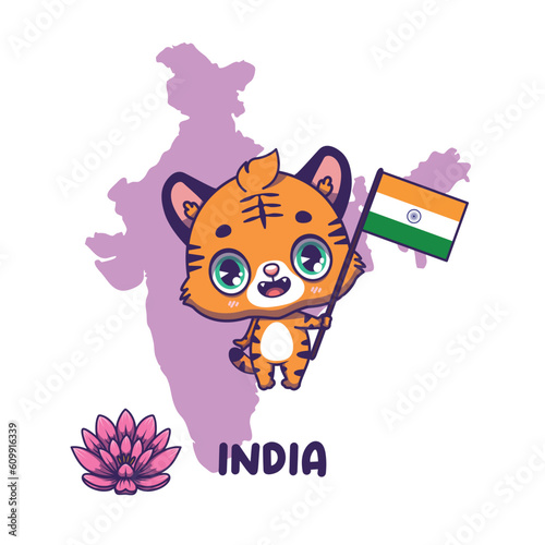 National animal tiger holding the flag of India. National flower lotus displayed on bottom left