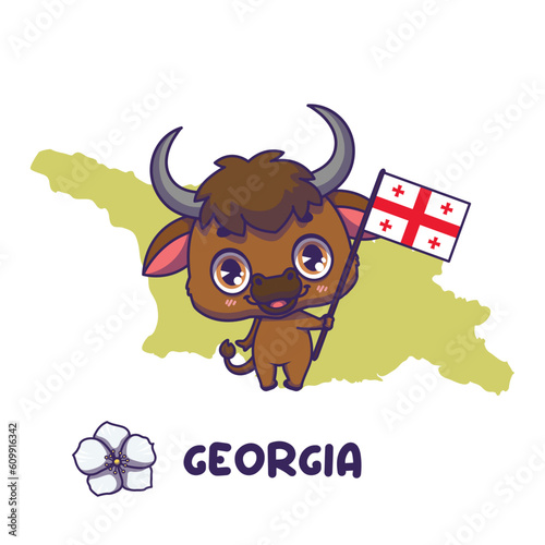 National animal european bison holding the flag of Georgia. National flower cherokee rose displayed on bottom left