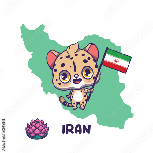 National animal cheetah holding the flag of Iran. National flower water lily displayed on bottom left