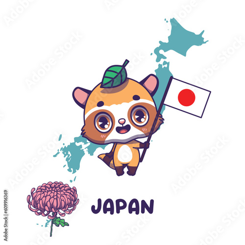 National animal raccoon dog holding the flag of Japan. National flower chrysanthemum displayed on bottom left