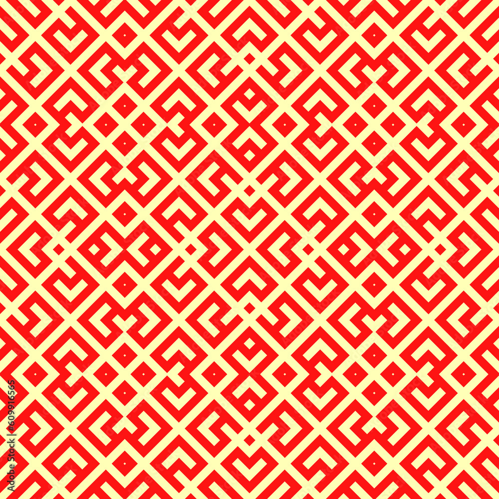 Seamless Chinese window tracery pattern. Repeated stylized red rhombuses on yellow background. Symmetric geometric abstract wallpaper. Trellis motif. Digital paper, textile print. Vector illustration Seamless Chinese window tracery pattern. Repeated stylized red rhombuses on yellow background. Symmetric geometric abstract wallpaper. Trellis motif. Digital paper, textile print. Vector illustration