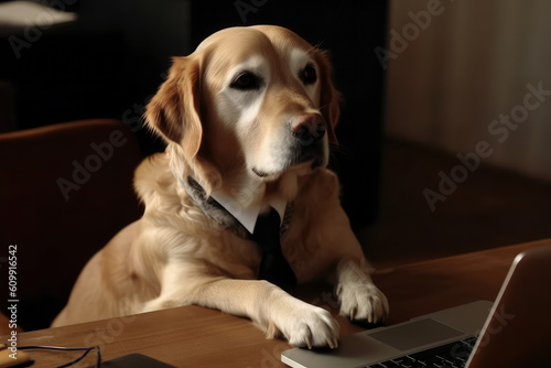 Dog businessman in a suit works at a laptop in the office, AI Generated