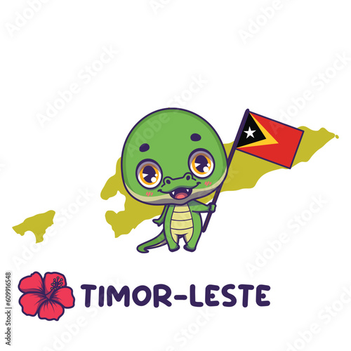 National animal crocodile holding the flag of Timor-Leste. National flower hibiscus displayed on bottom left