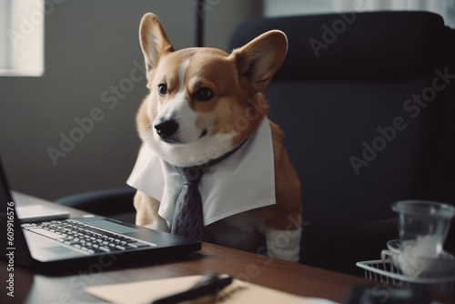Dog businessman in a suit works at a laptop in the office, AI Generated © staras