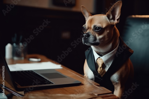 Dog businessman in a suit works at a laptop in the office, AI Generated © staras
