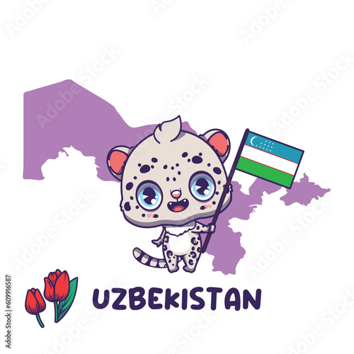 National animal snow leopard holding the flag of Uzbekistan. National flower tulip displayed on bottom left