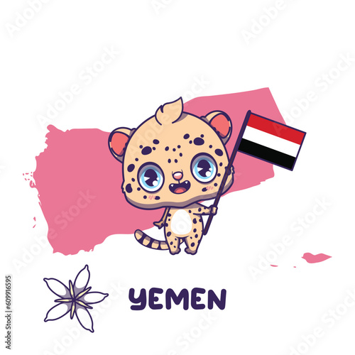 National animal arabian leopard holding the flag of Yemen. National flower coffe arabica displayed on bottom left