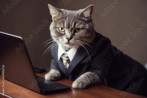 Cat businessman in a suit works at a laptop in the office, AI Generated