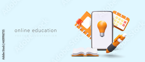 Online education. Remote access to lessons. Advertising of telephone educational programs, applications, games. 3D smartphone, book, calendar, pen, light bulb. Modern way of learning