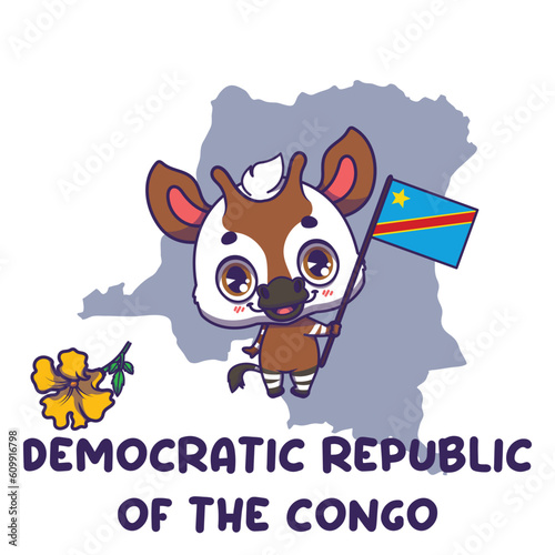 National animal okapi holding the flag of Democratic Republic of the Congo. National flower yellow trumpet displayed on bottom left