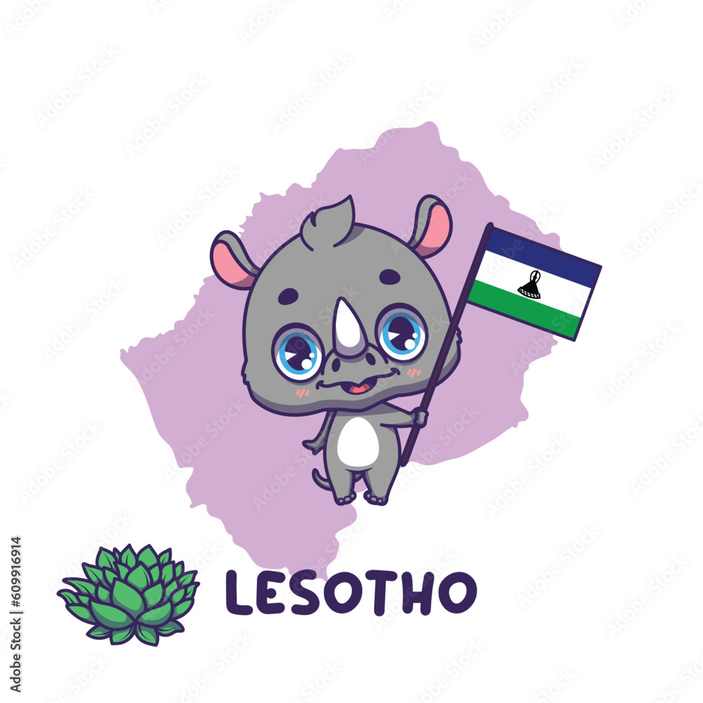 National animal black rhino holding the flag of Lesotho. National flower spiral aloe displayed on bottom left