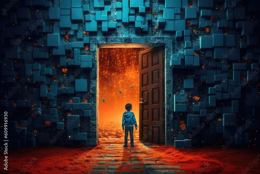 Child is standing in front of a door, looking out, in the style of