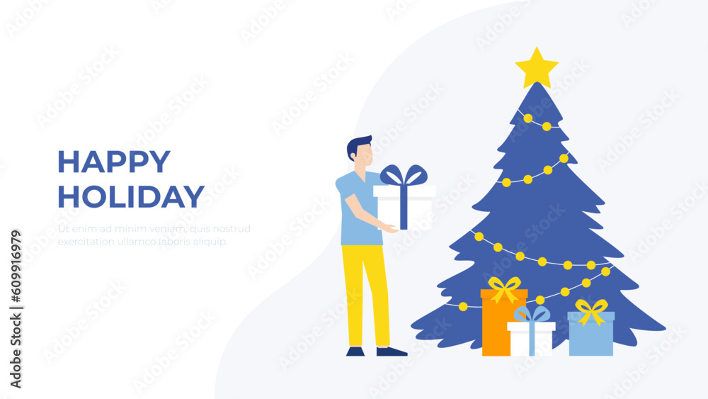 Man puts the present under the cristmas tree modern vector. New Year celebration concept.