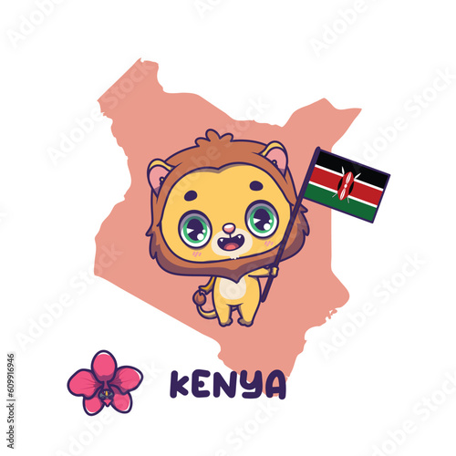 National animal lion holding the flag of Kenya. National flower orchid displayed on bottom left