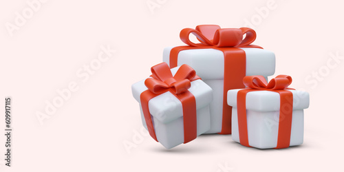 3d realistic gift collection. Presents for family and friends concept. Advertising poster for souvenir shop with place for text. Vector design with background in pink colors