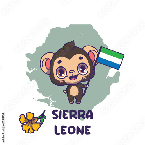 National animal chimpanzee holding the flag of Sierra Leone. National flower yellow trumpet displayed on bottom left