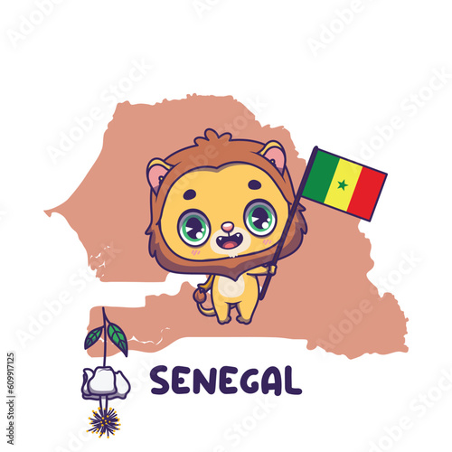 National animal african lion holding the flag of Senegal. National flower baobab flower displayed on bottom left