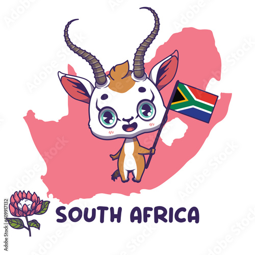 National animal springbok holding the flag of South Africa. National flower king protea displayed on bottom left photo