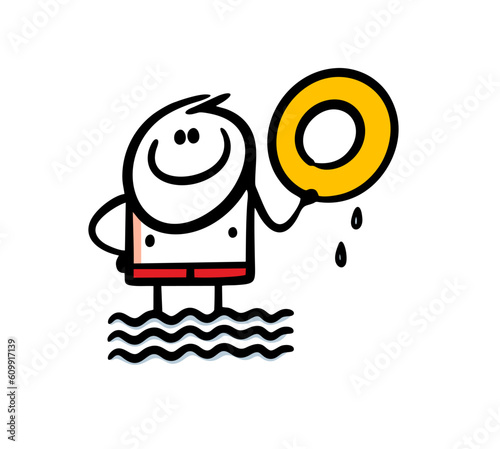 Funny stickman in swimming trunks is standing in the water and holding a wet inflatable circle. Vector illustration of a character on vacation.