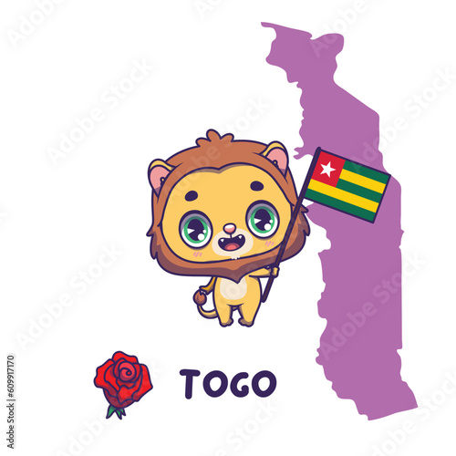 National animal lion holding the flag of Togo. National flower rose displayed on bottom left