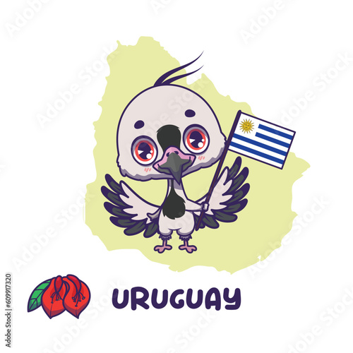 National animal southern lapwing holding the flag of Uruguay. National flower ceibo displayed on bottom left