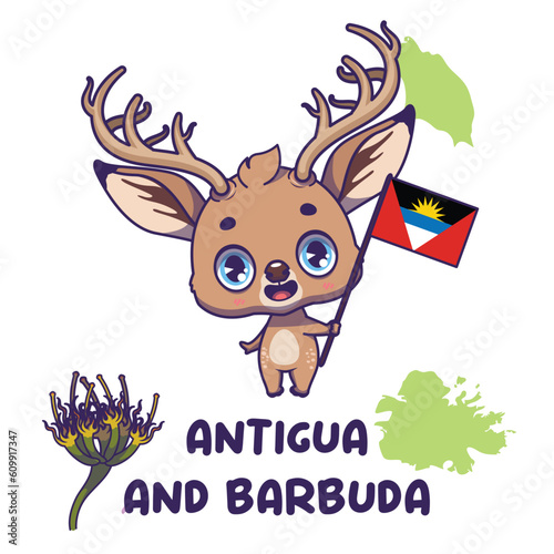 National animal european fallow deer holding the flag of Antigua and Barbuda. National flower dagger log displayed on bottom left