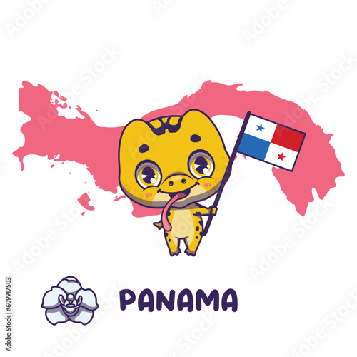 National animal frog holding the flag of Panama. National flower dove orchid displayed on bottom left