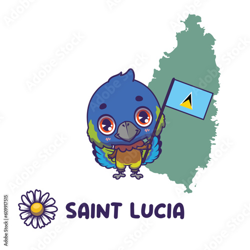 National animal Saint Lucia amazon holding the flag of Saint Lucia. National flower marguerite displayed on bottom left photo