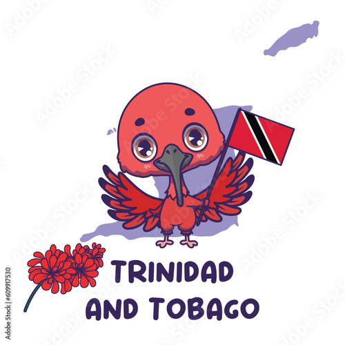 National animal scarlet ibis holding the flag of Trinidad and Tobago. National flower chaconia displayed on bottom left