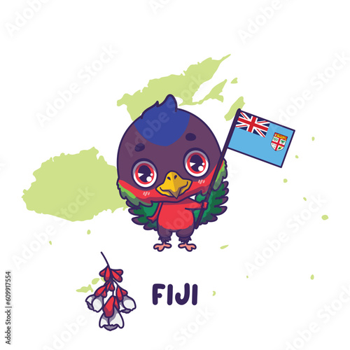 National animal collared lory holding the flag of Fiji. National flower tagimoucia displayed on bottom left