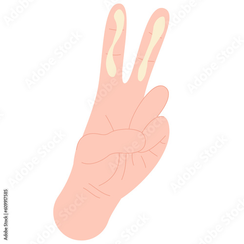 Hand with SPF cream on two fingers. How much to apply sunscreen cream on a face. Skin care routine.	

