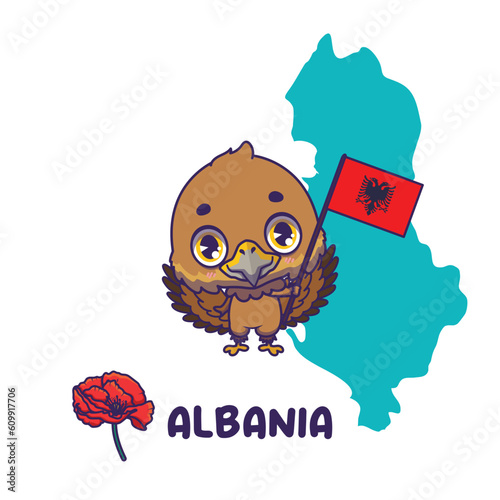 National animal golden eagle holding the flag of Albania. National flower poppy displayed on bottom left