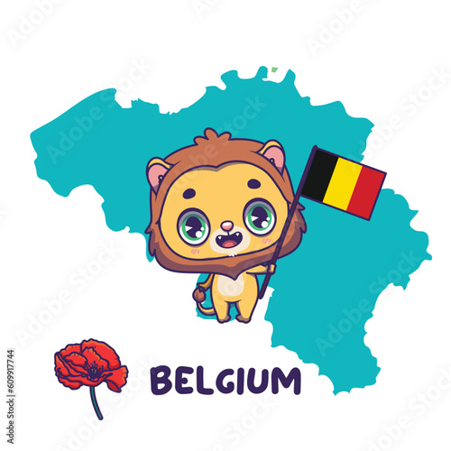 National animal lion holding the flag of Belgium. National flower poppy displayed on bottom left