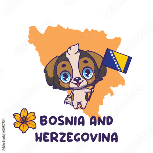 National animal tornjak holding the flag of Bosnia and Herzegovina. National flower golden lily displayed on bottom left