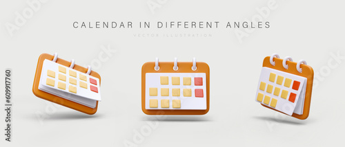 3D flip calendar on spring. Realistic planner with tear off pages. Calendar with red weekend marks. Set of colored icons on gray background. Time management, planning