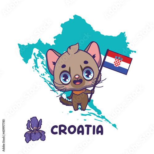 National animal marten holding the flag of Croatia. National flower iris displayed on bottom left