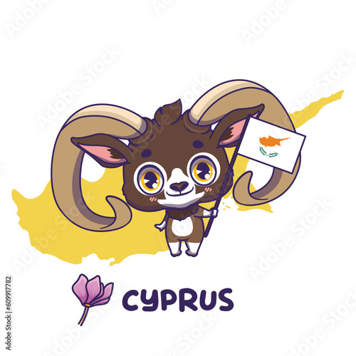 National animal mouflon holding the flag of Cyprus. National flower cyclamen displayed on bottom left