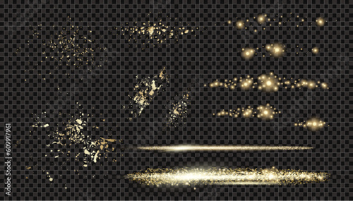 Vector circle light effect with sparkles and  horizontal les flares pack. Golden light flares and laser beams on dark background. Abstract sparkling lines and stars. 