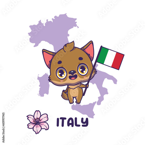 National animal wolf holding the flag of Italy. National flower lily displayed on bottom left