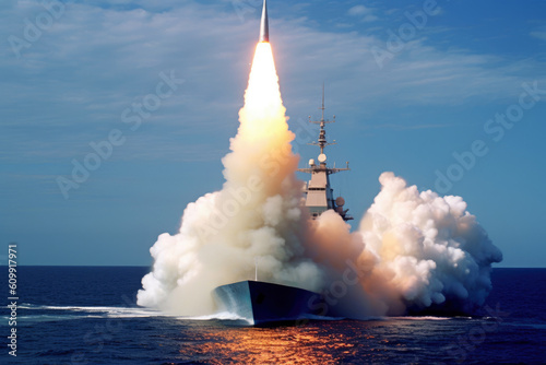 Rocket launch from a warship on the high seas, AI Generated