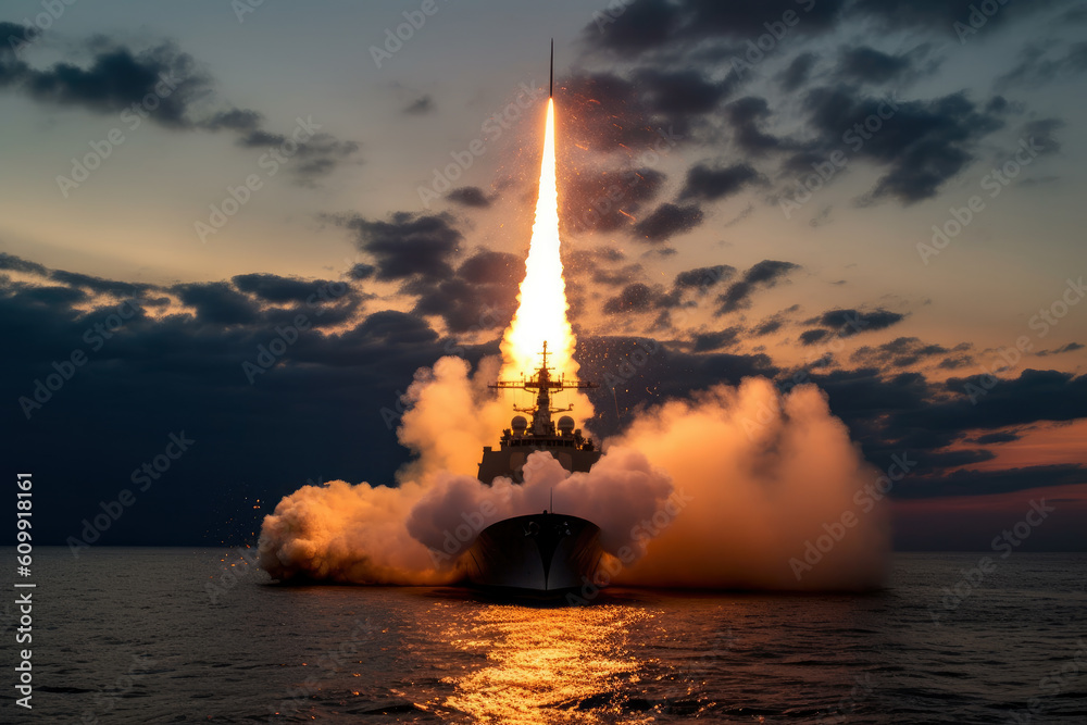 Rocket launch from a warship on the high seas, AI Generated Rocket launch from a warship on the high seas, AI Generated