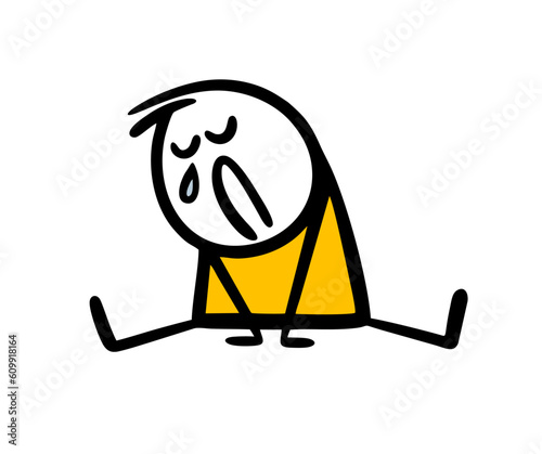 Helpless boy is sitting on the floor and crying bitterly. Vector illustration of sad stickman child.