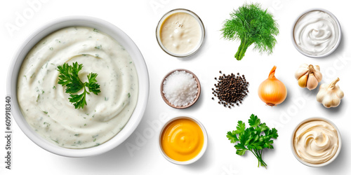 Photos Ranch Sauce: Mayonnaise, sour cream, buttermilk, garlic, onion, herbs like dill
