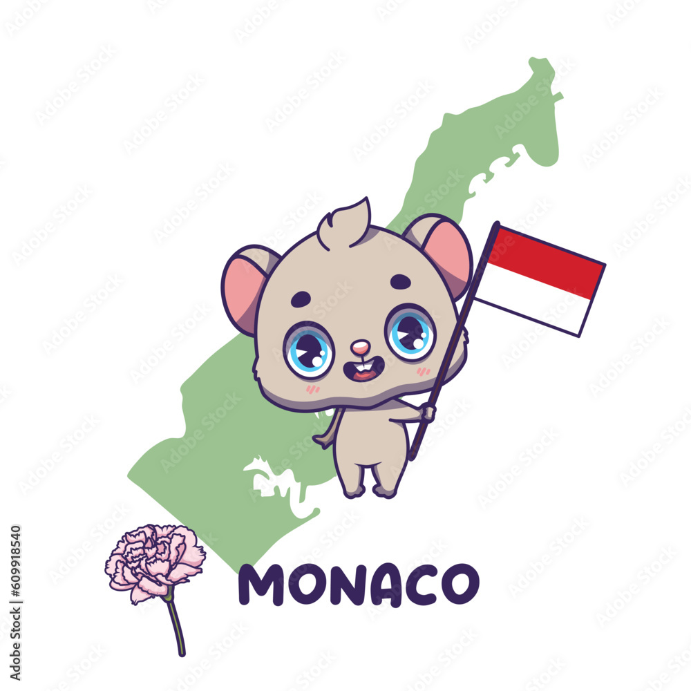 National animal mouse holding the flag of Monaco. National flower carnation displayed on bottom left National animal mouse holding the flag of Monaco. National flower carnation displayed on bottom left