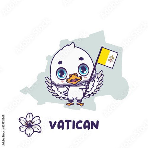 National animal dove holding the flag of Vatican. National flower lily displayed on bottom left